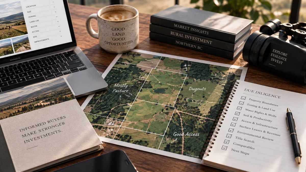 Land maps, buyer research and a due-diligence checklist on a desk