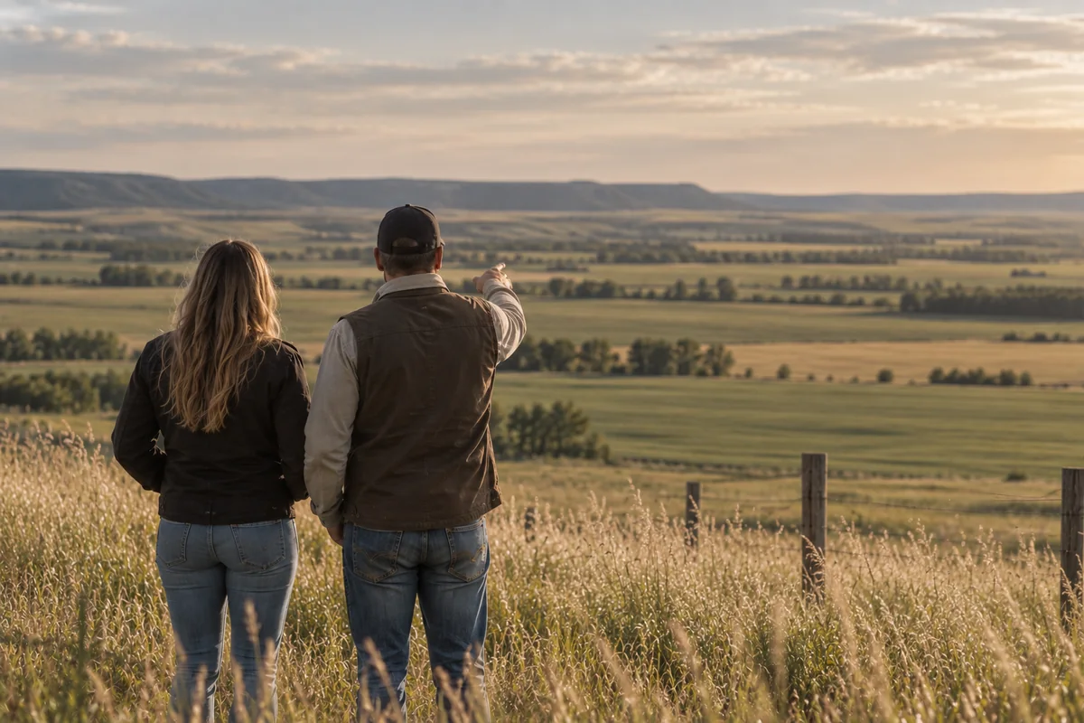 Two people viewing rural land and discussing the landscape