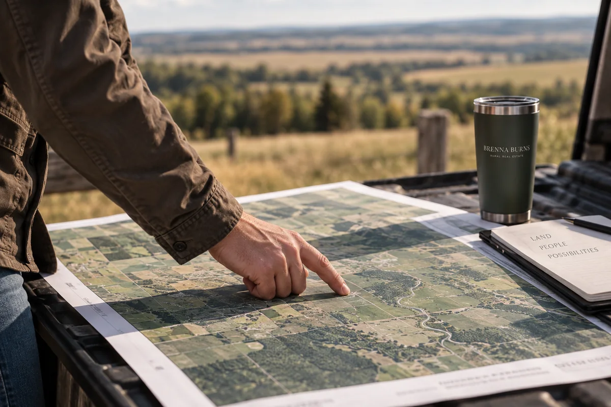 Reviewing a detailed land map on a vehicle tailgate