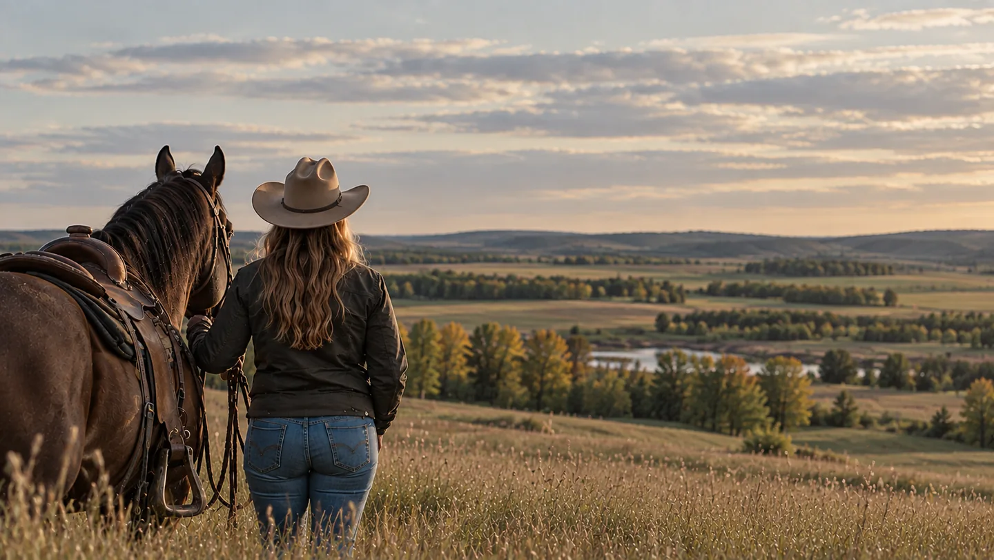 A woman and her horse overlooking the Peace Region river valley