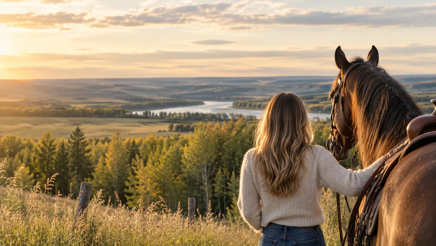 A woman and her horse overlooking the Peace Region river valley