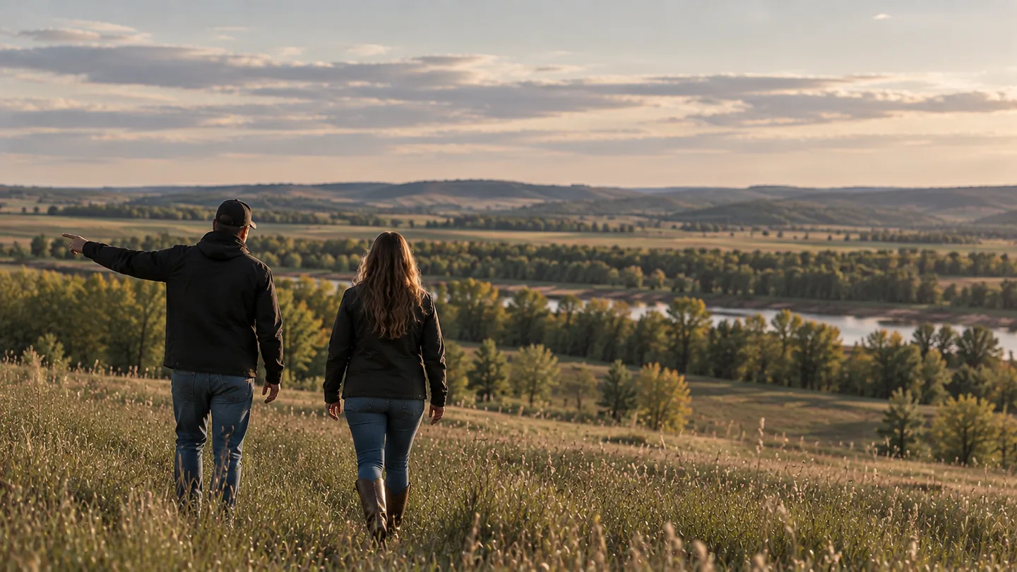 Two people viewing rural land above a river valley