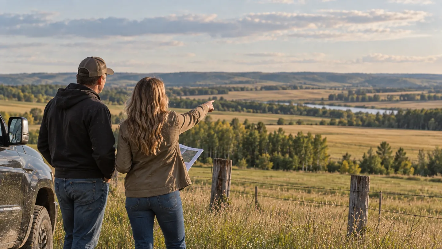 Two people viewing rural land above a river valley