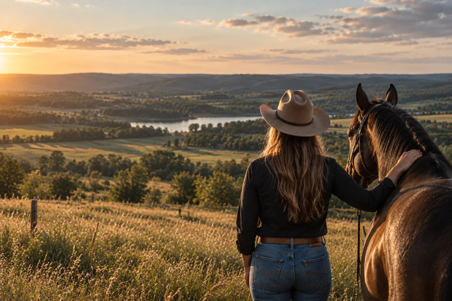 A woman beside a horse overlooking fields and a river valley at sunset
