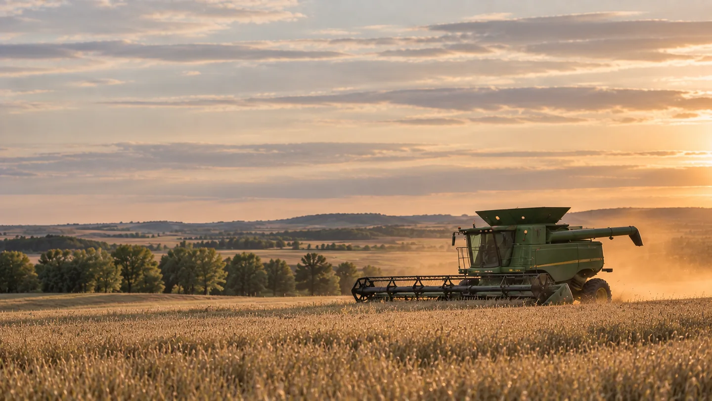 A combine harvesting a field in the evening light