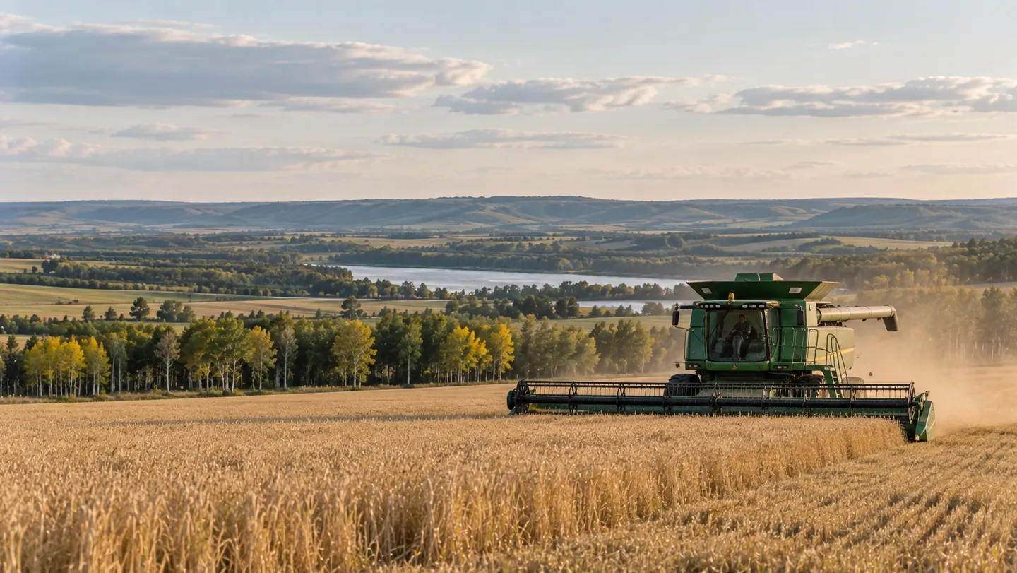 A combine harvesting a field in the evening light