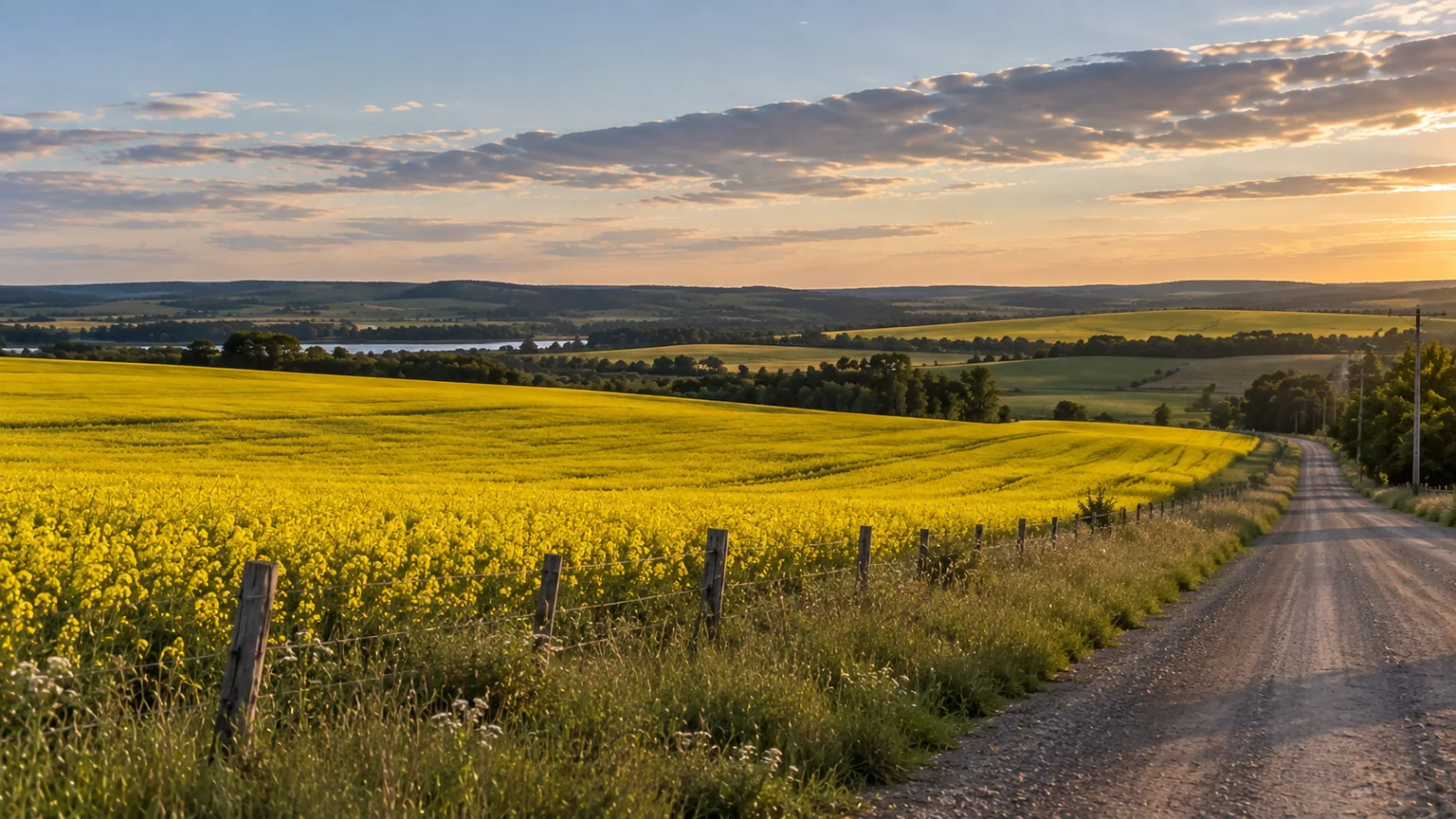 A country road beside golden canola fields at sunset