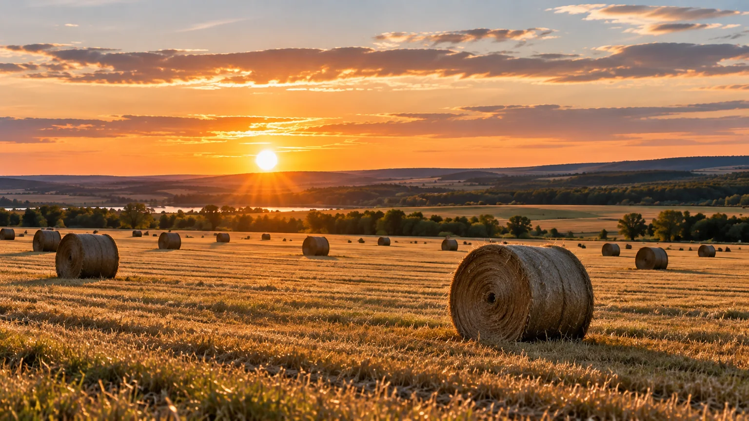Round hay bales across a harvested field