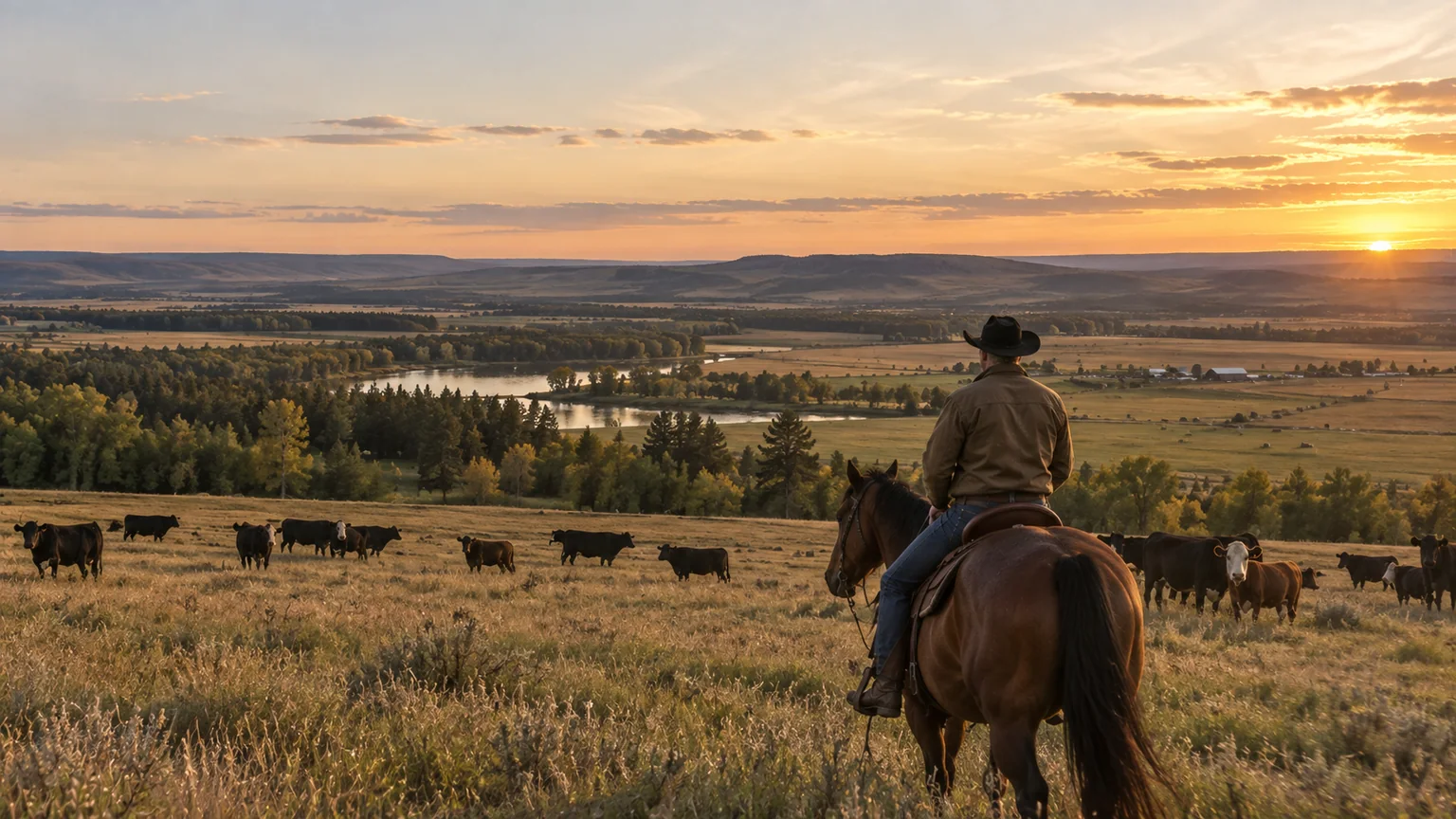 A rider on horseback overlooking cattle and open ranchland