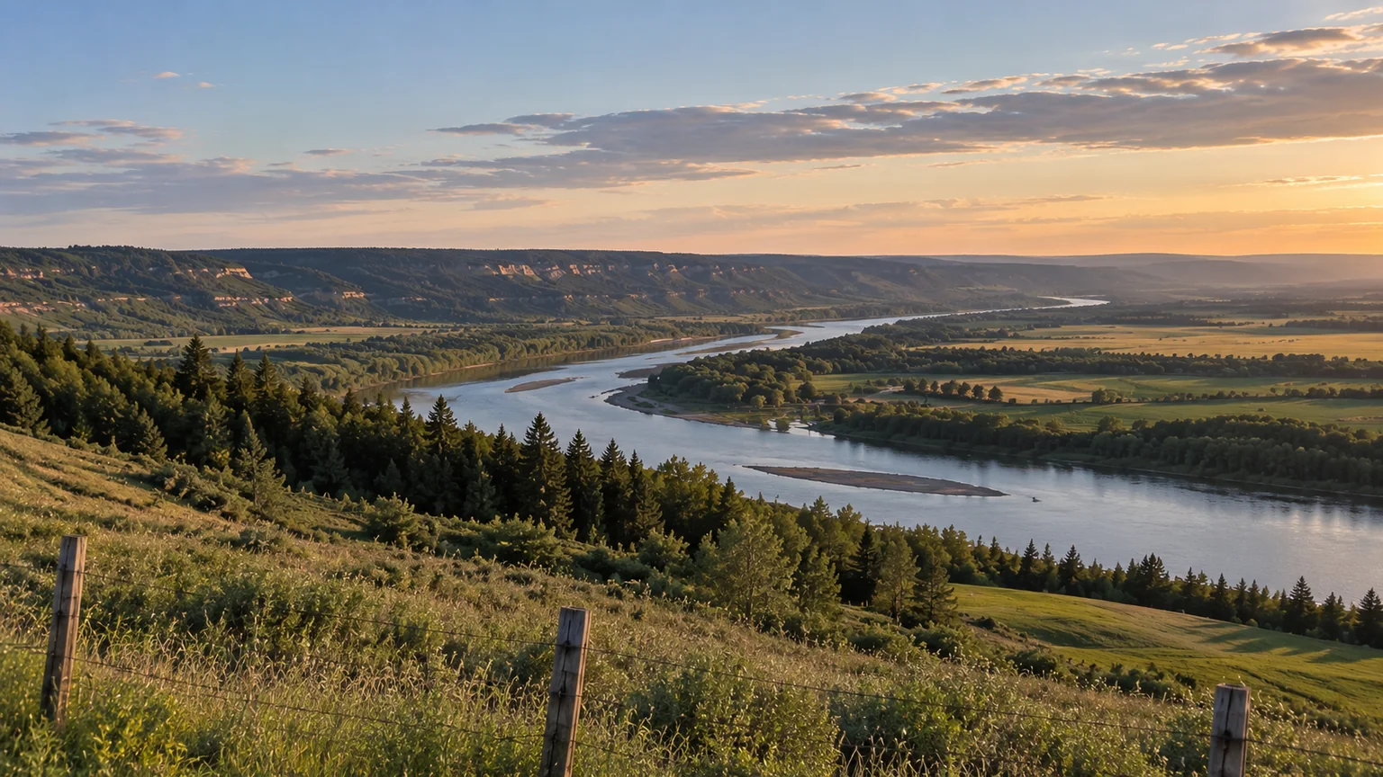 A winding river through open farmland at sunset