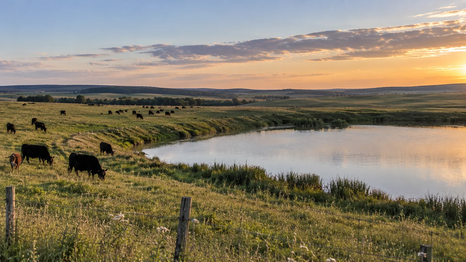Cattle grazing beside a broad farm pond at sunset
