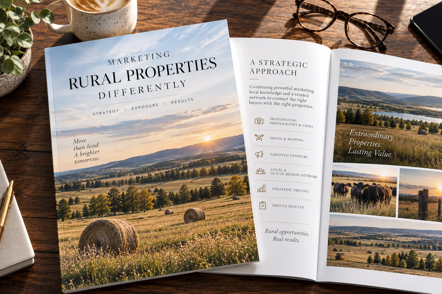 Rural real estate marketing brochure with land photography and a strategic marketing plan