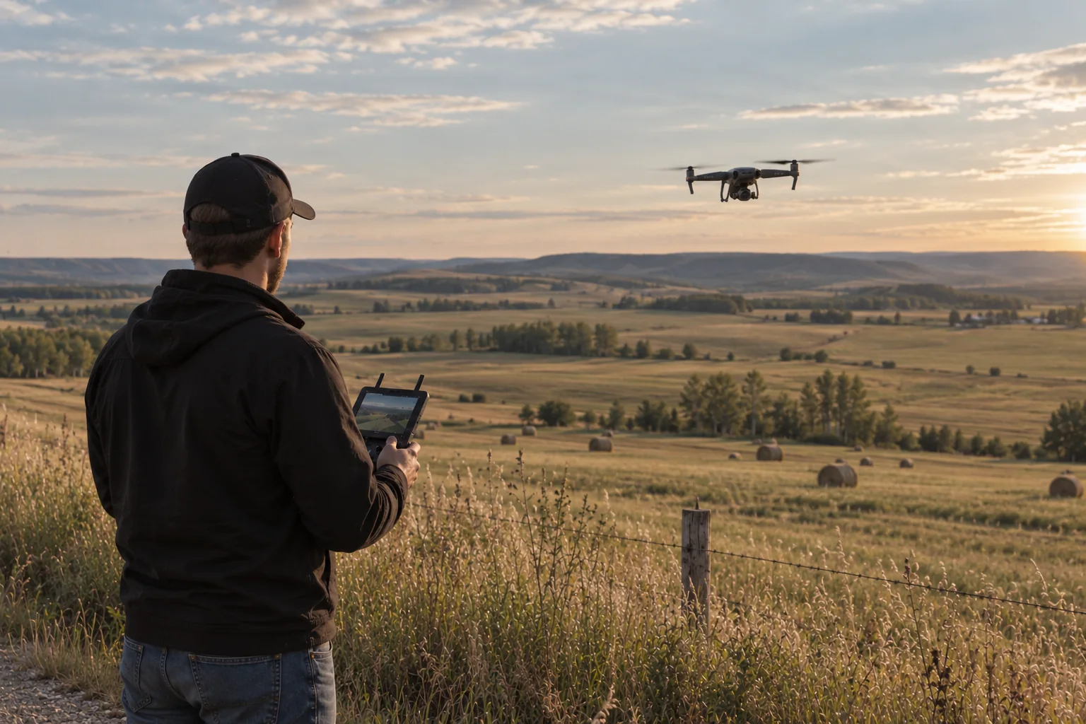 Man operating a drone to capture aerial views of rural land
