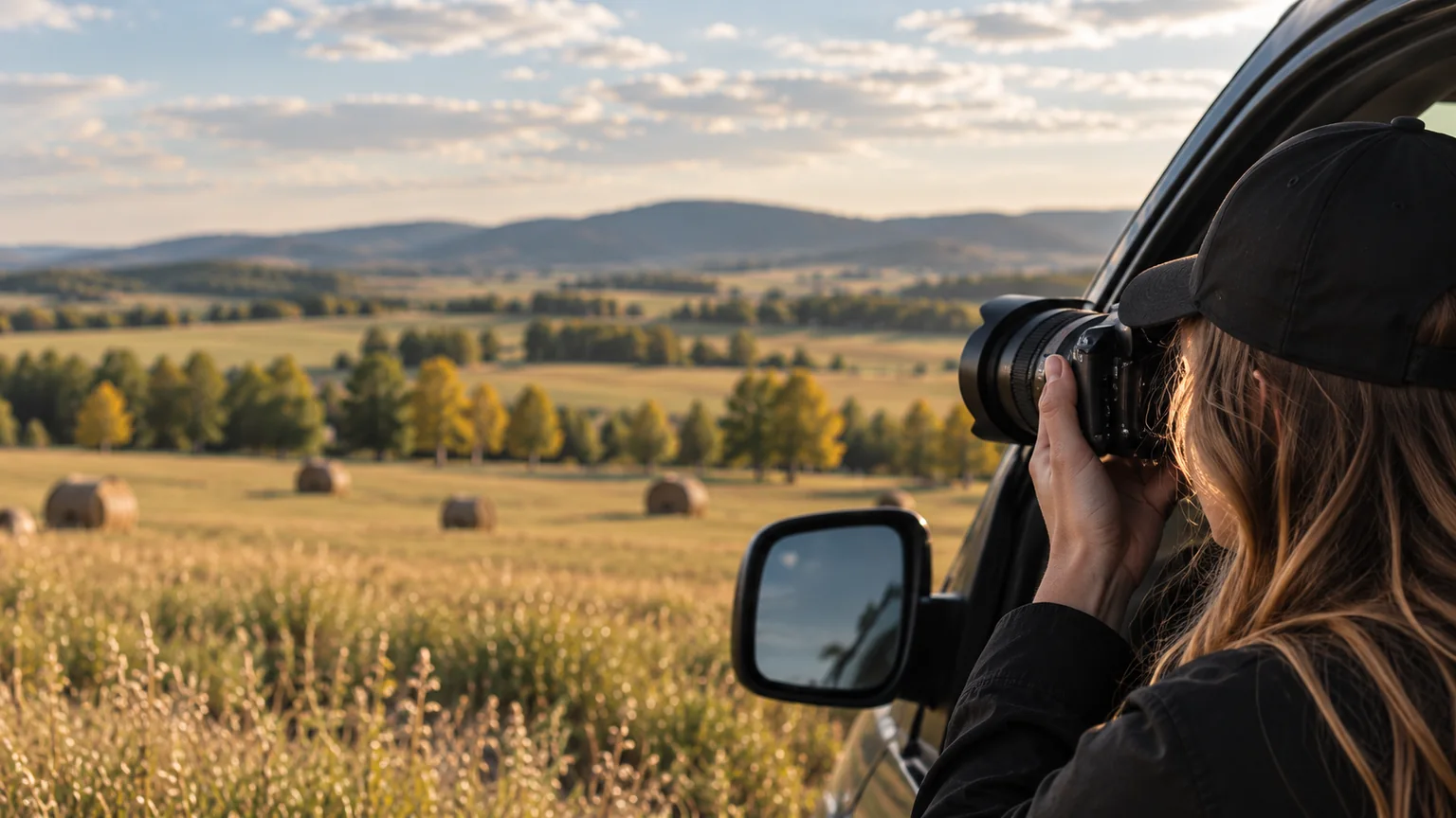 Photographer capturing rural land and hay fields from a vehicle