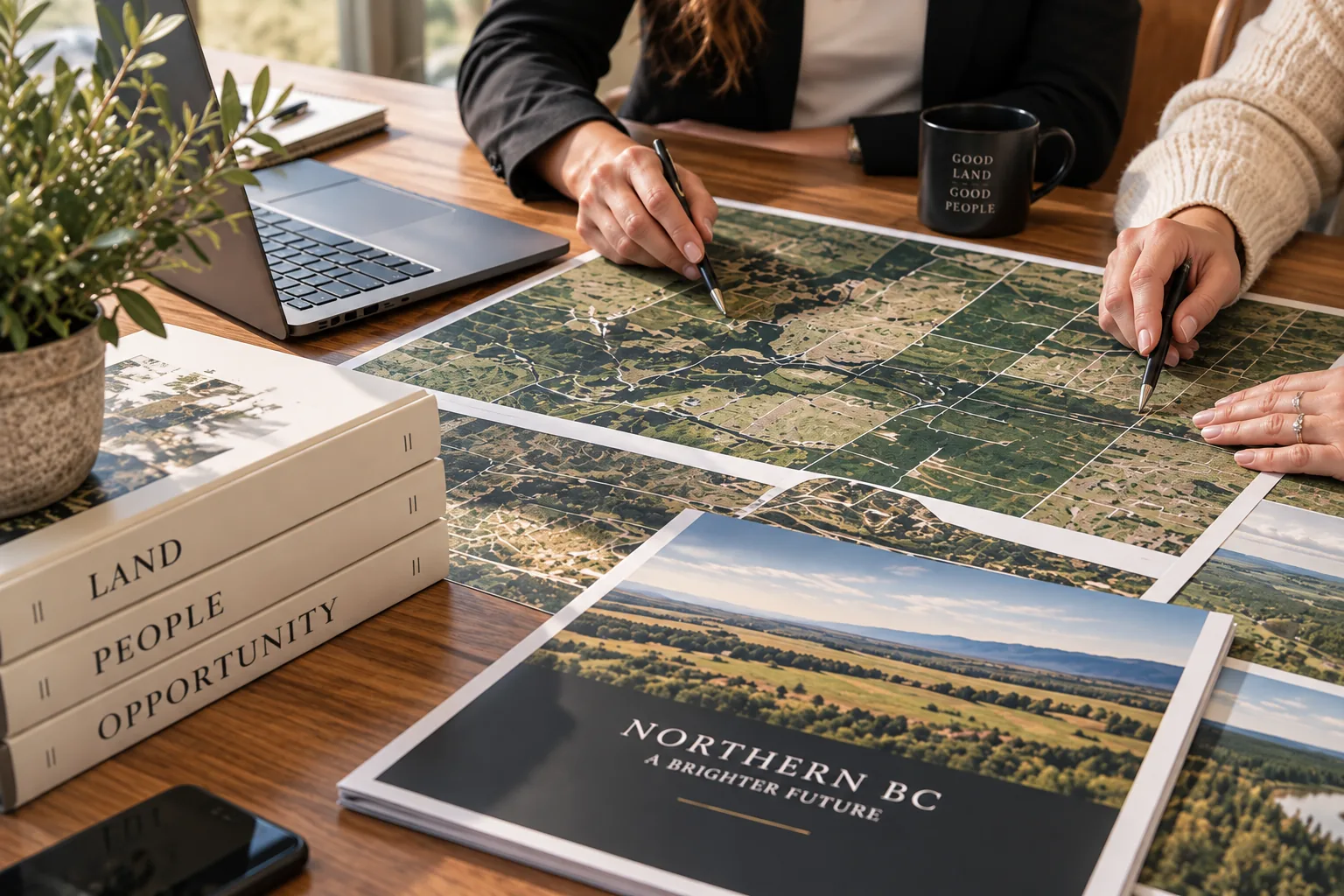 Team reviewing rural property maps and marketing materials