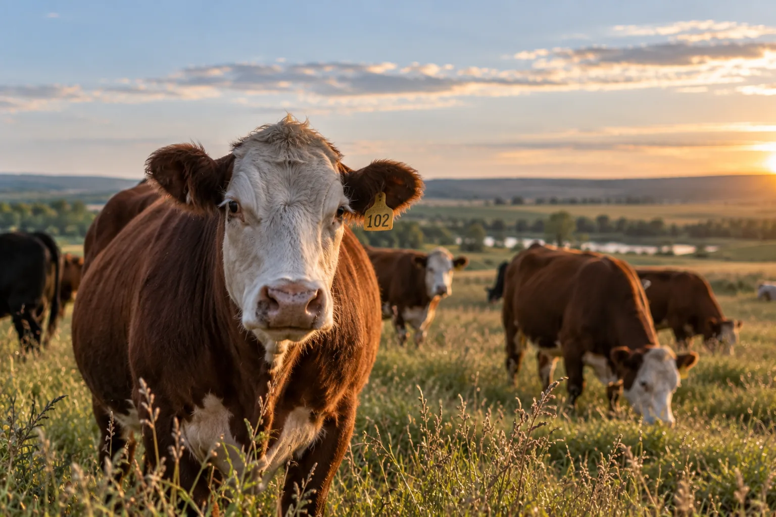Cattle in open pasture with farmland stretching into the distance
