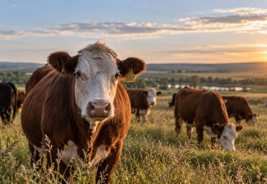 A brown cow with a white face stands in a grassy pasture with cattle grazing behind it at sunset.
